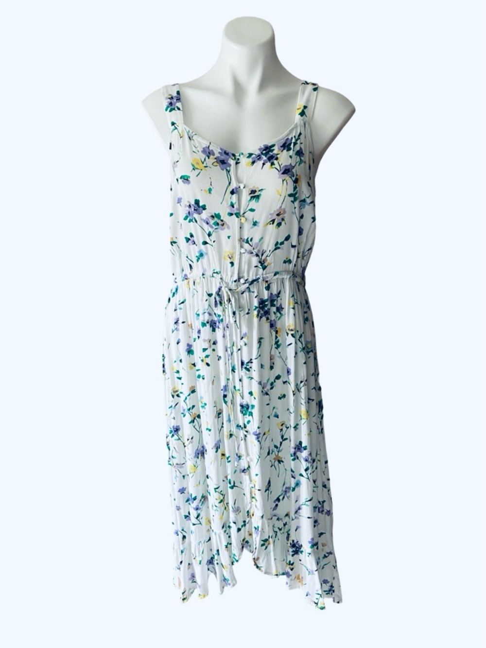 LOFT Women’s White Floral Sleeveless Midi High Low Dress with Drawstring Waist